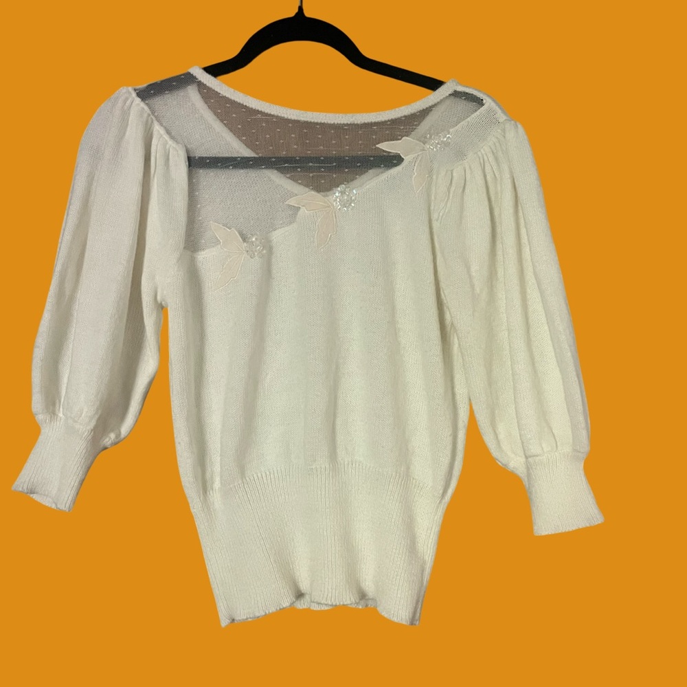 White Sheer Knit Sweater with Beaded Flower detail